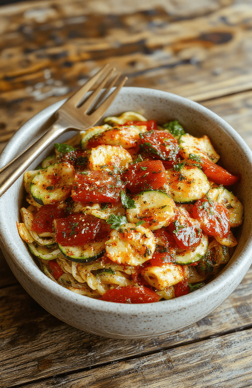 A vibrant plate of vegetarian tomato zucchini pasta featuring spiralized zucchini noodles topped with fresh cherry tomatoes, basil leaves, and grated parmesan cheese, all drizzled with olive oil. The dish is beautifully arranged on a rustic wooden table with a sprinkle of herbs, showcasing bright reds, greens, and golden accents.