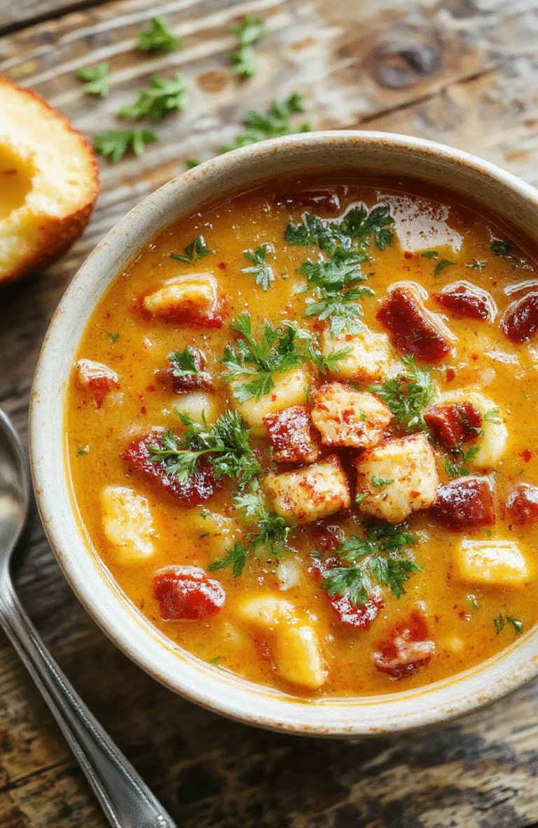 A vibrant bowl of cowboy soup featuring chunks of tender beef, colorful vegetables like corn and peppers, topped with fresh herbs, served in a rustic bowl on a wooden table, with a spoon nearby, textured hearty broth visible.