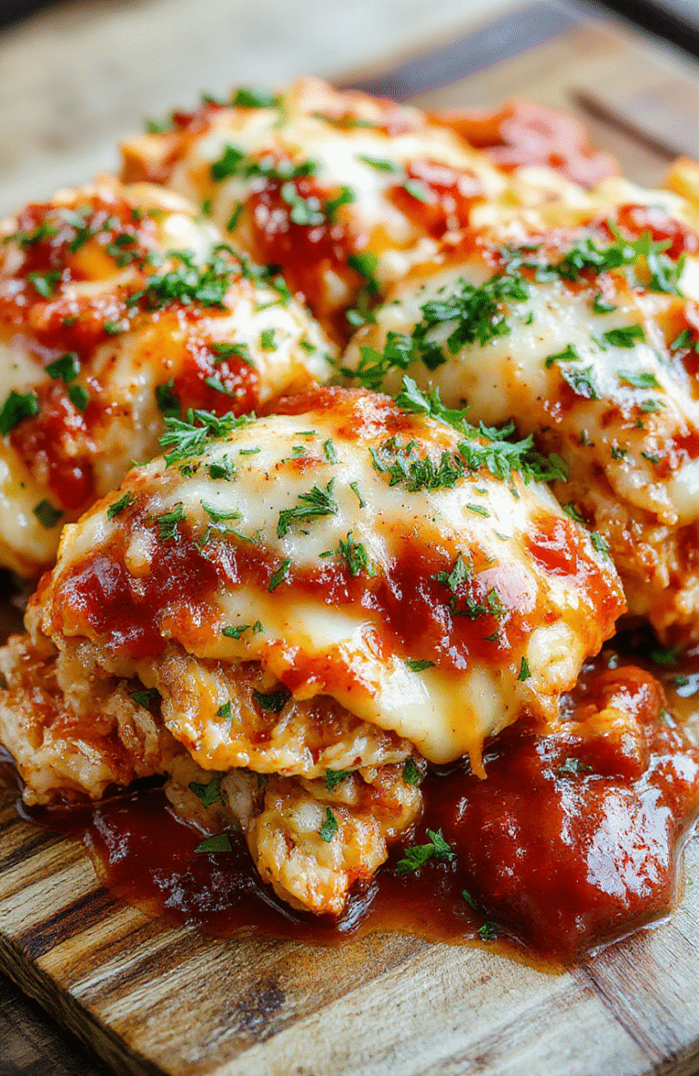 Colorful chicken parmesan casserole plated in a white dish, topped with melted cheese and crispy breadcrumbs, garnished with fresh basil, vibrant red marinara sauce contrasting with golden cheese, styled simply for an appetizing look.