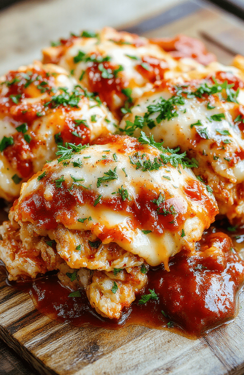 Colorful chicken parmesan casserole plated in a white dish, topped with melted cheese and crispy breadcrumbs, garnished with fresh basil, vibrant red marinara sauce contrasting with golden cheese, styled simply for an appetizing look.