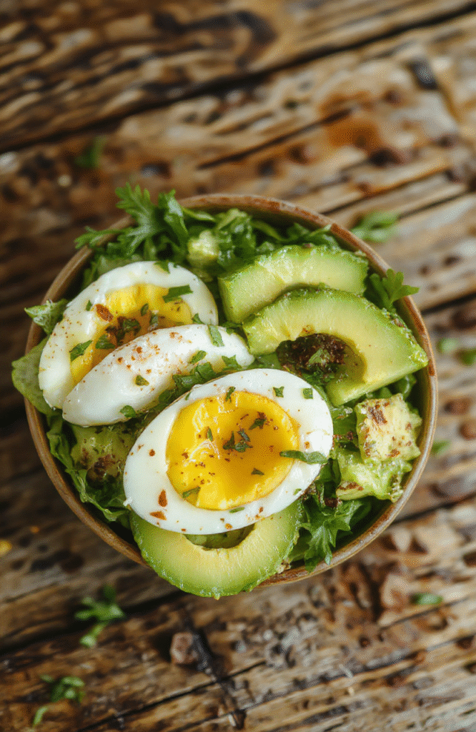 Vibrant high-protein egg avocado salad plated on a white dish with sliced avocados, chopped boiled eggs, cherry tomatoes, and fresh herbs. The salad has a creamy texture with crunchy elements, garnished with a sprig of parsley, on a rustic wooden table with natural daylight highlighting the fresh ingredients.