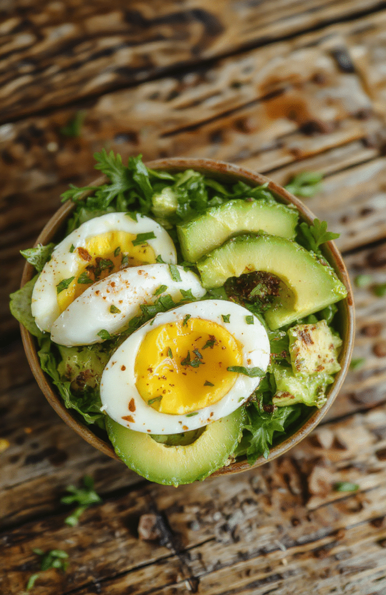 Vibrant high-protein egg avocado salad plated on a white dish with sliced avocados, chopped boiled eggs, cherry tomatoes, and fresh herbs. The salad has a creamy texture with crunchy elements, garnished with a sprig of parsley, on a rustic wooden table with natural daylight highlighting the fresh ingredients.