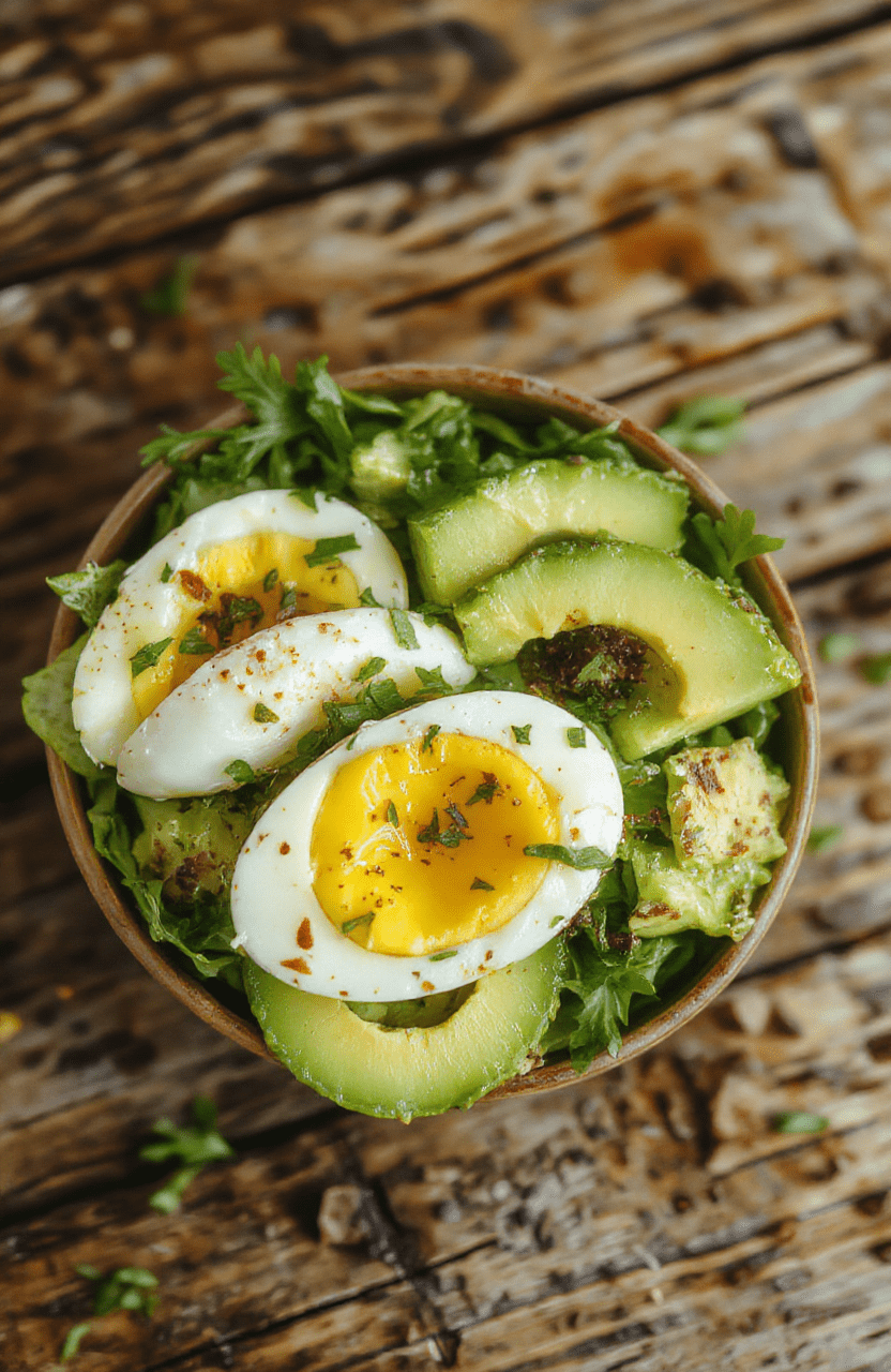 Vibrant high-protein egg avocado salad plated on a white dish with sliced avocados, chopped boiled eggs, cherry tomatoes, and fresh herbs. The salad has a creamy texture with crunchy elements, garnished with a sprig of parsley, on a rustic wooden table with natural daylight highlighting the fresh ingredients.