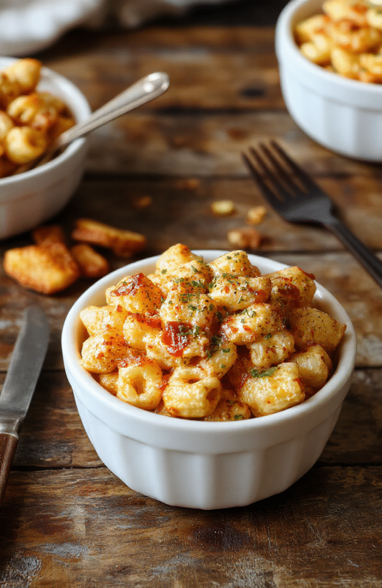 A vibrant plate of creamy macaroni and cheese topped with tender honey BBQ chicken chunks, garnished with fresh herbs, served on a rustic wooden table with a drizzle of BBQ sauce, showcasing rich textures and inviting colors.