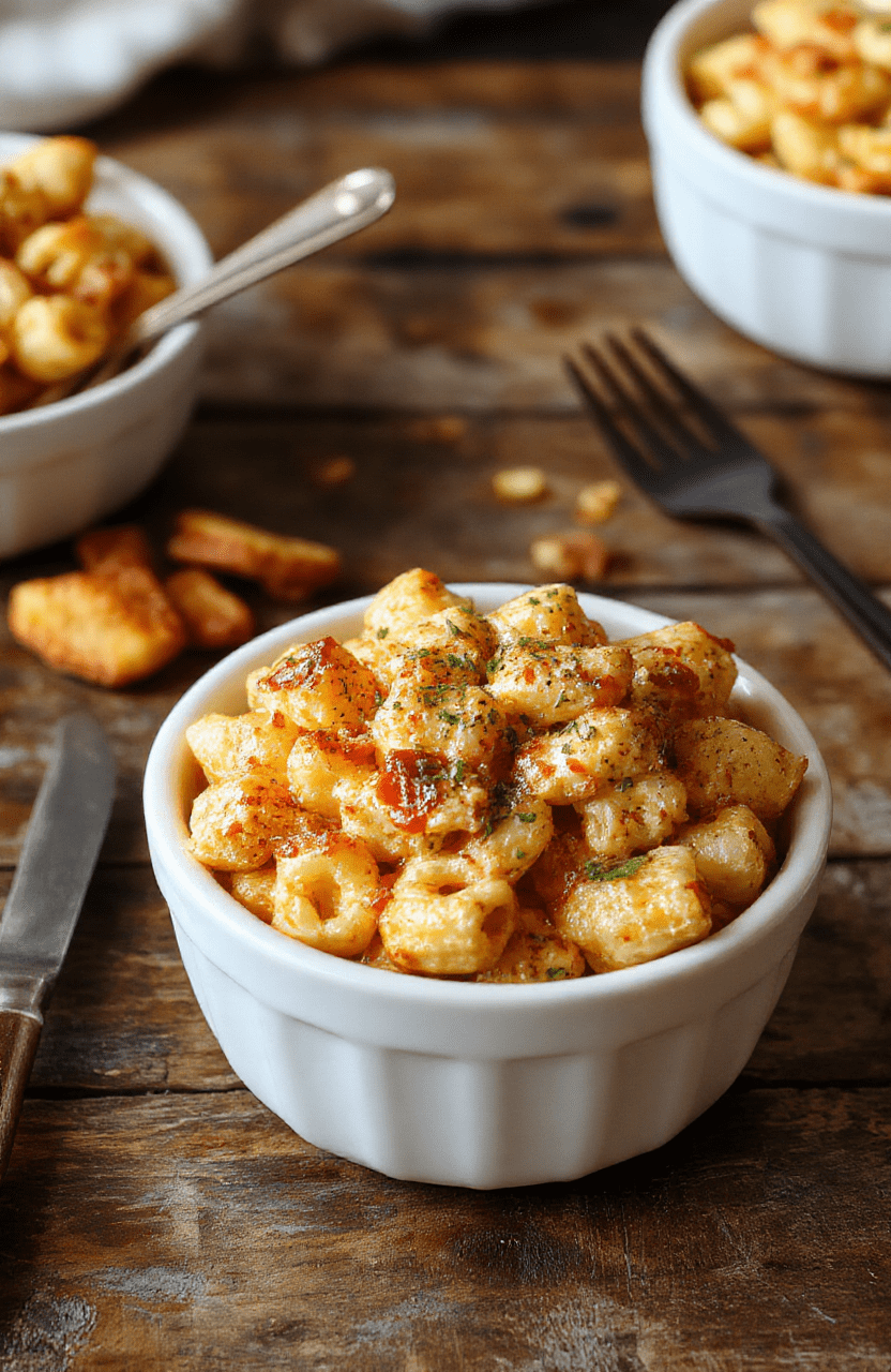 A vibrant plate of creamy macaroni and cheese topped with tender honey BBQ chicken chunks, garnished with fresh herbs, served on a rustic wooden table with a drizzle of BBQ sauce, showcasing rich textures and inviting colors.