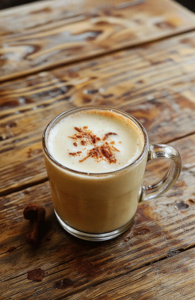 A cozy vanilla cinnamon latte in a clear glass mug, topped with whipped cream and a dusting of cinnamon, with visible swirls of vanilla and coffee layers, styled on a rustic wooden table with warm, inviting lighting.