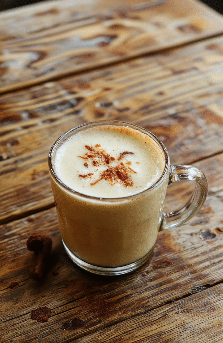 A cozy vanilla cinnamon latte in a clear glass mug, topped with whipped cream and a dusting of cinnamon, with visible swirls of vanilla and coffee layers, styled on a rustic wooden table with warm, inviting lighting.