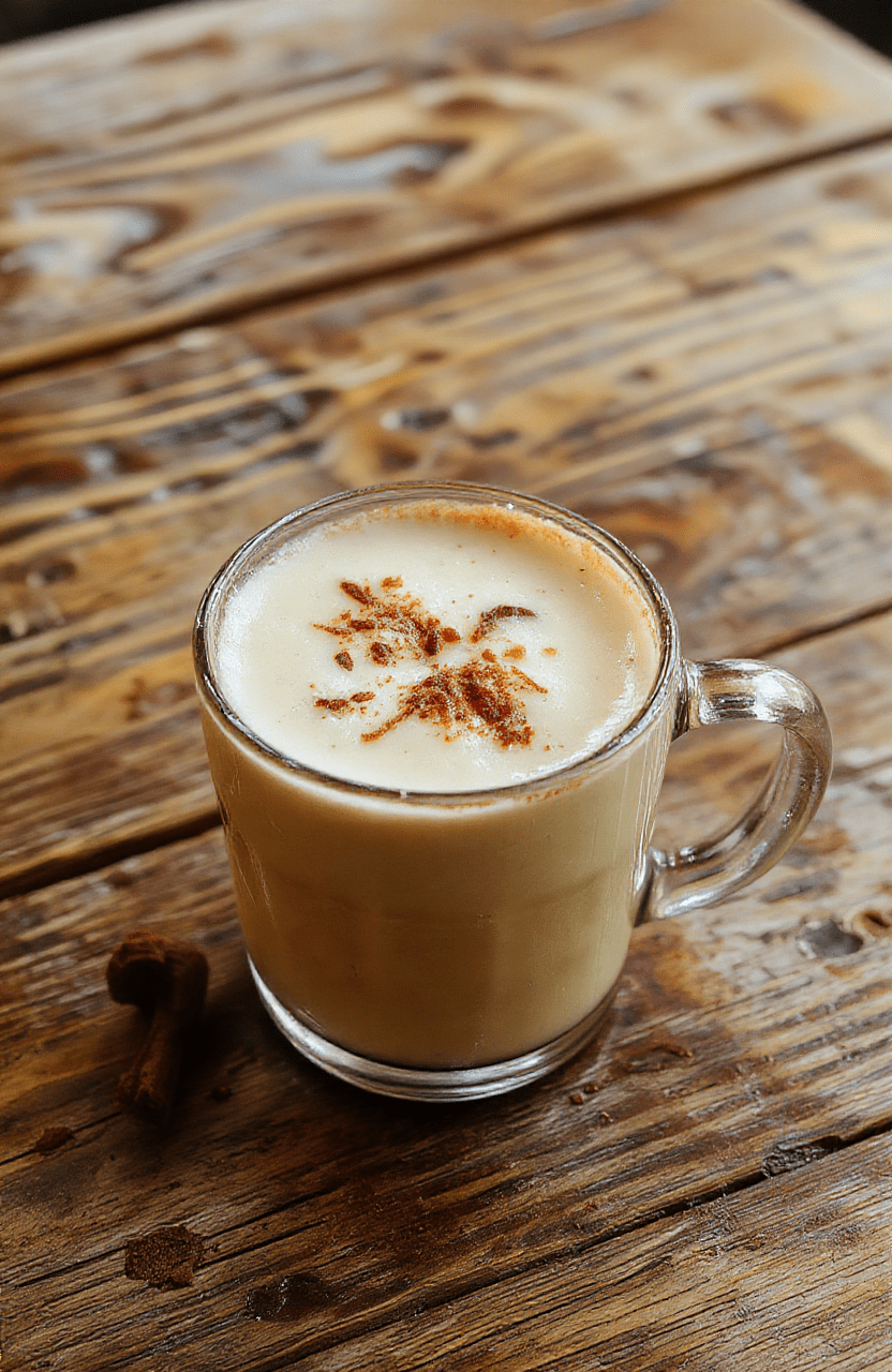 A cozy vanilla cinnamon latte in a clear glass mug, topped with whipped cream and a dusting of cinnamon, with visible swirls of vanilla and coffee layers, styled on a rustic wooden table with warm, inviting lighting.