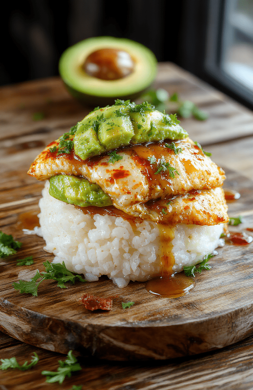 A vibrant plate featuring grilled honey lime chicken slices over a creamy avocado rice stack garnished with fresh herbs, colorful vegetables, and lime wedges, styled on a rustic wooden board with a fresh and appetizing appearance.