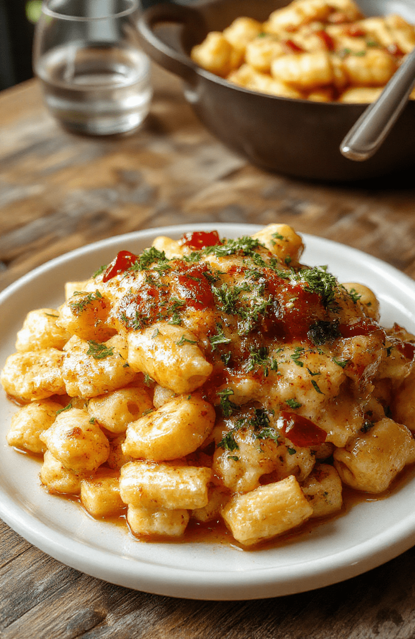 A creamy bowl of honey pepper chicken mac and cheese featuring tender chunks of chicken coated in a glossy honey pepper sauce, topped with melted cheese and garnished with fresh herbs. The dish is served in a rustic white bowl on a wooden table, with a sprinkle of black pepper and honey drizzle visible, highlighting the rich textures and vibrant colors of yellow cheese, golden chicken, and black pepper flecks.