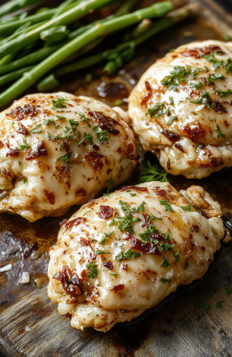A vibrant plate featuring golden-brown chicken thighs coated in lemon garlic butter sauce, surrounded by fresh green beans sprinkled with herbs, plated on a rustic wooden surface with a sprig of lemon for garnish.