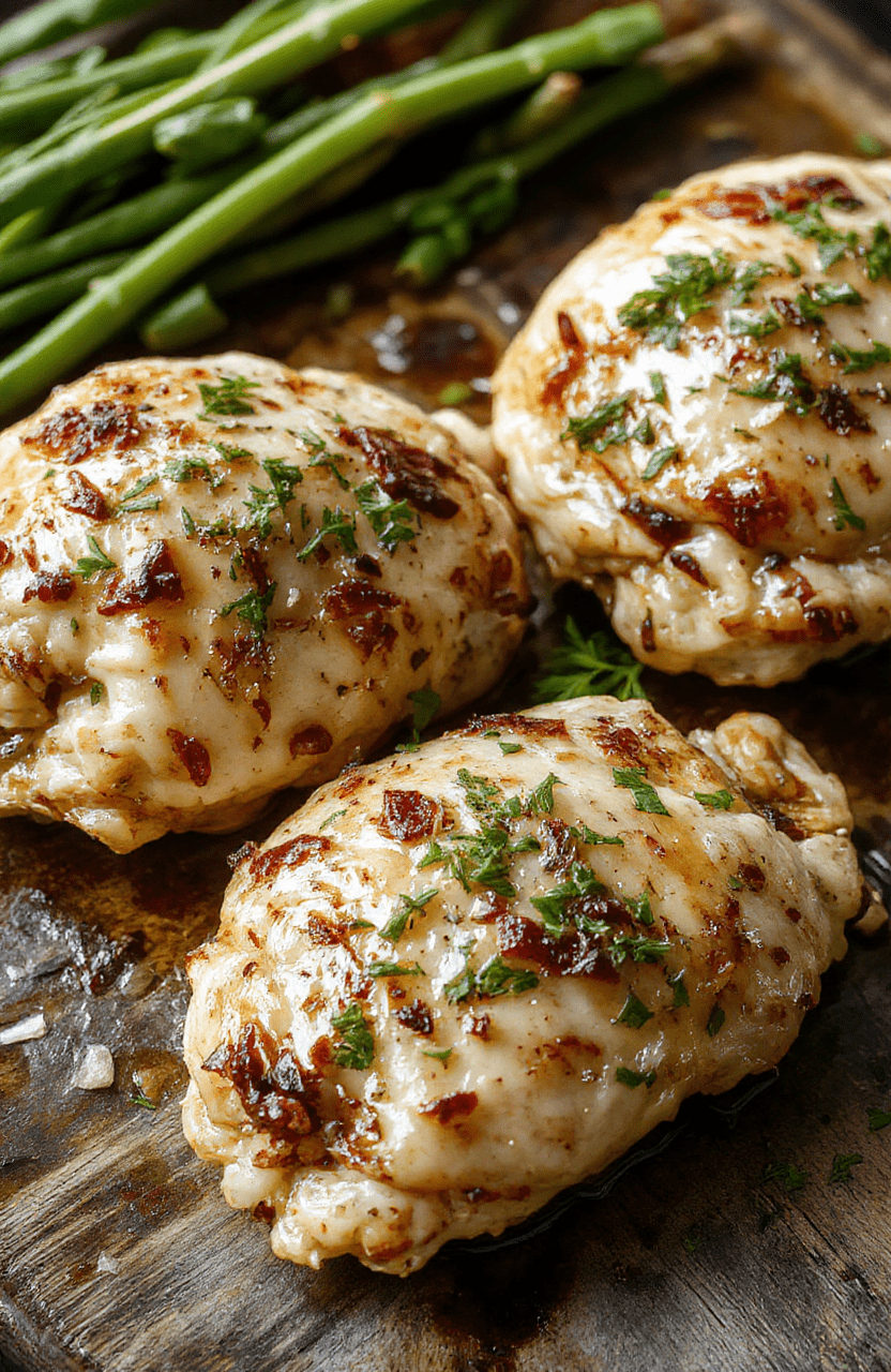 A vibrant plate featuring golden-brown chicken thighs coated in lemon garlic butter sauce, surrounded by fresh green beans sprinkled with herbs, plated on a rustic wooden surface with a sprig of lemon for garnish.