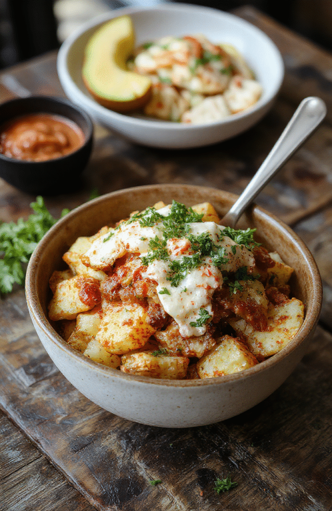 Colorful loaded potato taco bowl featuring crispy baked potato chunks topped with seasoned ground beef, melted cheese, fresh diced tomatoes, chopped green onions, and sour cream, all arranged in a rustic white bowl with vibrant ingredients contrasting against a neutral background, highlighting textures and appetizing layers.