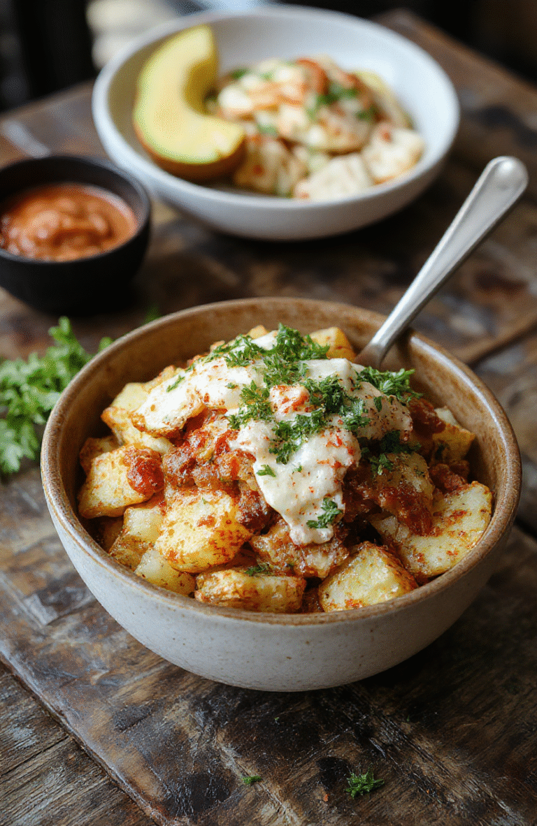 Colorful loaded potato taco bowl featuring crispy baked potato chunks topped with seasoned ground beef, melted cheese, fresh diced tomatoes, chopped green onions, and sour cream, all arranged in a rustic white bowl with vibrant ingredients contrasting against a neutral background, highlighting textures and appetizing layers.