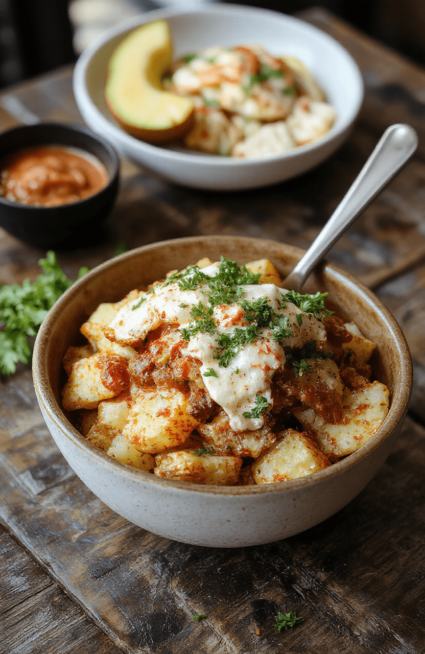 Colorful loaded potato taco bowl featuring crispy baked potato chunks topped with seasoned ground beef, melted cheese, fresh diced tomatoes, chopped green onions, and sour cream, all arranged in a rustic white bowl with vibrant ingredients contrasting against a neutral background, highlighting textures and appetizing layers.