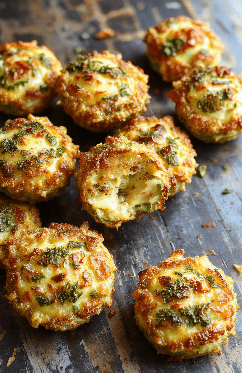 Golden brown crispy broccoli cheese rounds on a white plate, with vibrant green broccoli visible inside, a slightly crispy exterior, and garnished with fresh herbs, styled simply on a rustic wooden surface, emphasizing textures and color contrast.