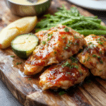A close-up of tender, glazed honey butter chicken pieces placed on a rustic wooden platter, topped with a drizzle of honey and a sprinkle of fresh herbs, with a golden-brown crispy exterior and juicy interior, styled with fresh herbs and a side of steamed vegetables for a warm, inviting presentation.