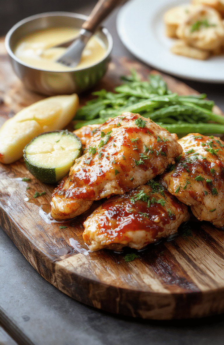A close-up of tender, glazed honey butter chicken pieces placed on a rustic wooden platter, topped with a drizzle of honey and a sprinkle of fresh herbs, with a golden-brown crispy exterior and juicy interior, styled with fresh herbs and a side of steamed vegetables for a warm, inviting presentation.