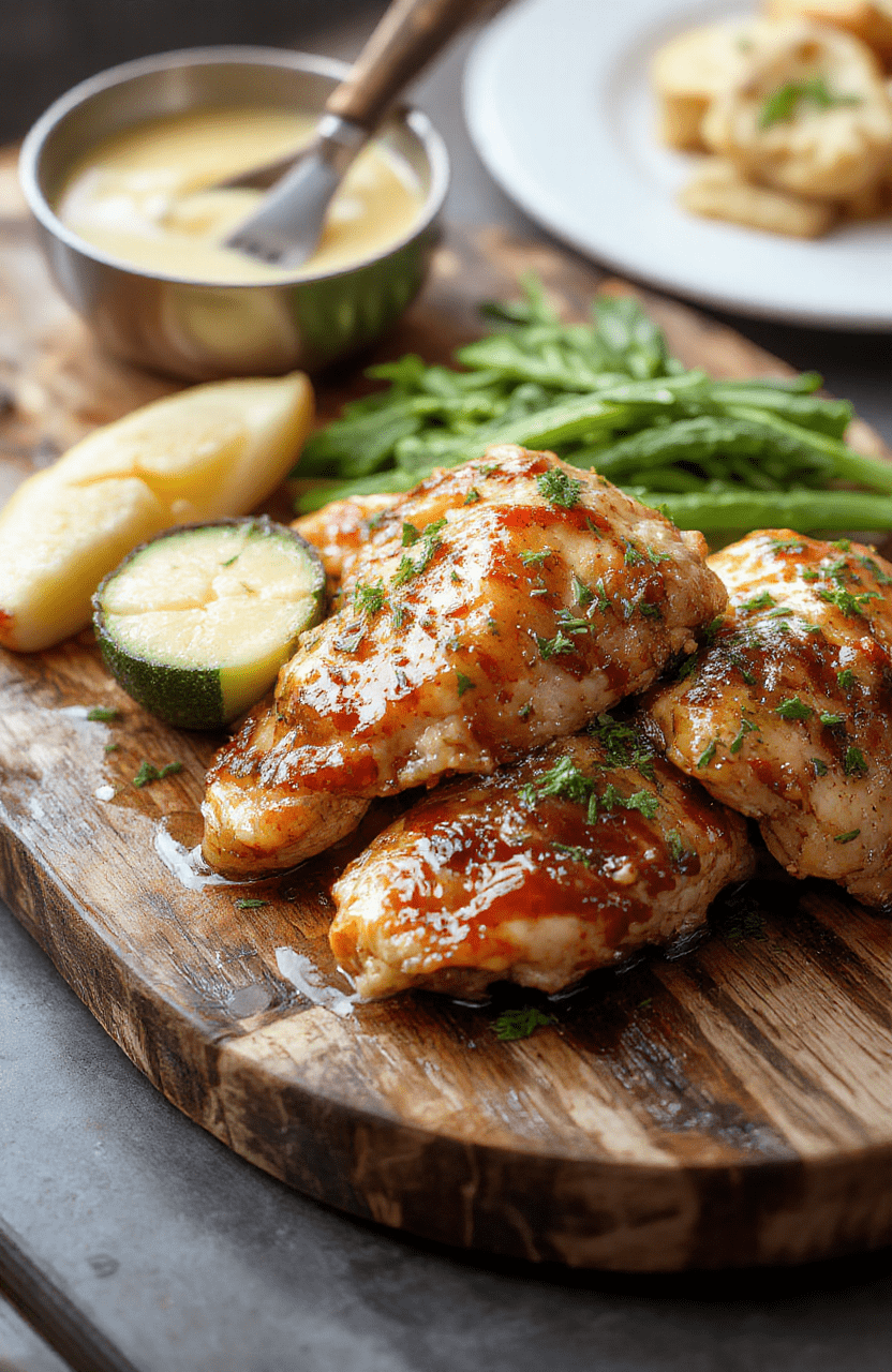 A close-up of tender, glazed honey butter chicken pieces placed on a rustic wooden platter, topped with a drizzle of honey and a sprinkle of fresh herbs, with a golden-brown crispy exterior and juicy interior, styled with fresh herbs and a side of steamed vegetables for a warm, inviting presentation.