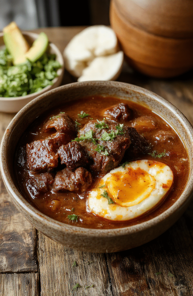 A vibrant bowl of rich, dark red birria beef stew topped with fresh cilantro, slices of toasted bread on the side, steam rising, with tender beef chunks and colorful spices visible, styled simply on a rustic wooden table