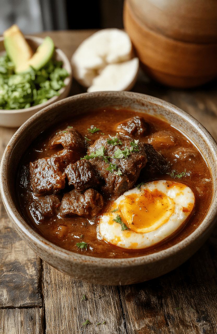A vibrant bowl of rich, dark red birria beef stew topped with fresh cilantro, slices of toasted bread on the side, steam rising, with tender beef chunks and colorful spices visible, styled simply on a rustic wooden table