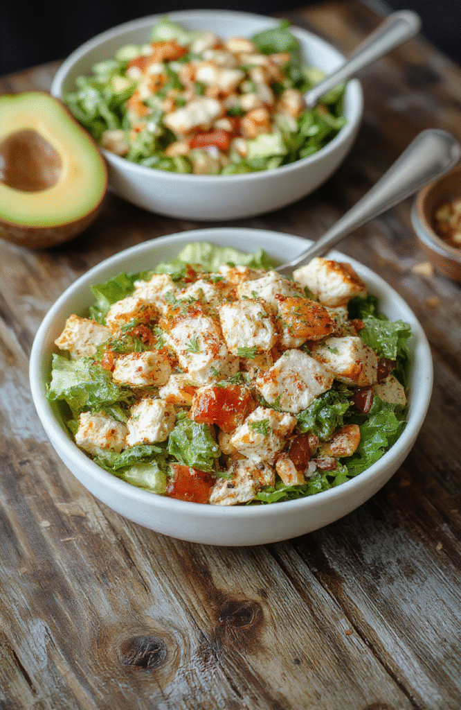 Colorful chicken salad served in a clear glass bowl, topped with fresh herbs, crunchy celery, and bright cherry tomatoes, with a creamy dressing smoothly coating the ingredients, styled on a rustic wooden surface with fresh greens scattered around.