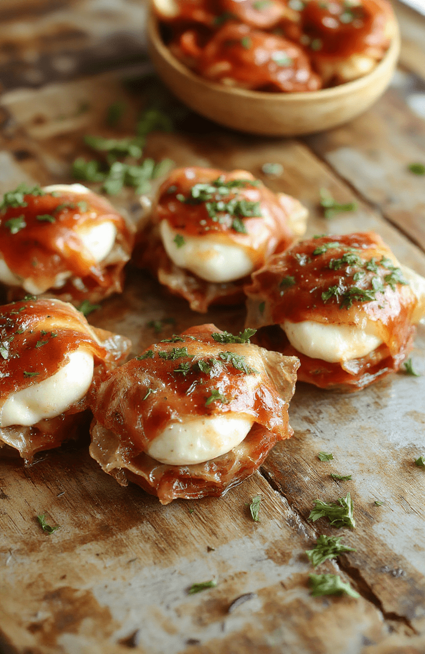Golden brown prosciutto-wrapped mozzarella bites arranged on a white plate, garnished with fresh basil leaves, showcasing crispy edges and creamy interior, with a rustic wooden background and soft natural lighting highlighting their savory texture.