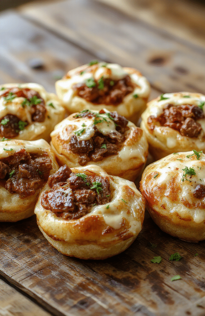 Golden brown pastry puffs filled with tender pulled beef, arranged neatly on a rustic wooden board, garnished with fresh herbs, glistening with a light egg wash, with a flaky texture contrasting the juicy filling, styled for an inviting appetizer presentation.