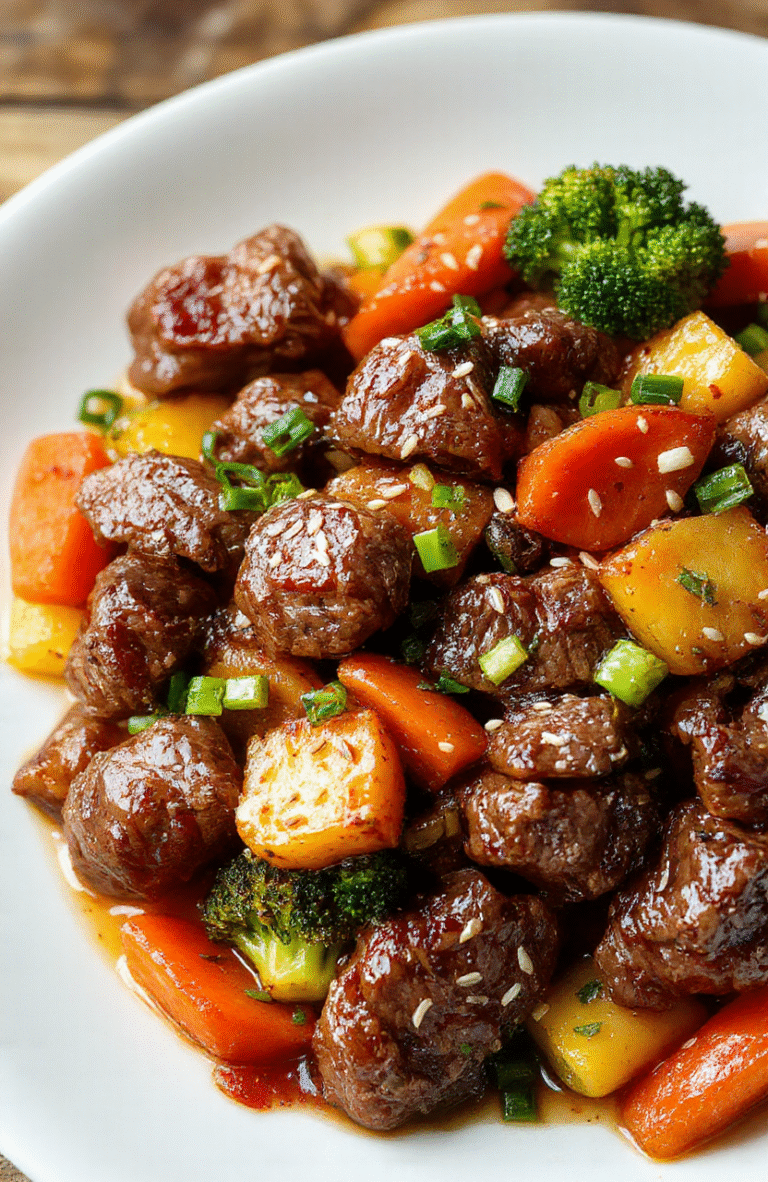 A colorful beef stir fry on a white plate with vibrant bell peppers, broccoli, and carrots, garnished with sesame seeds and scallions, all topped with a savory glossy sauce, styled simply with a clean wooden background.