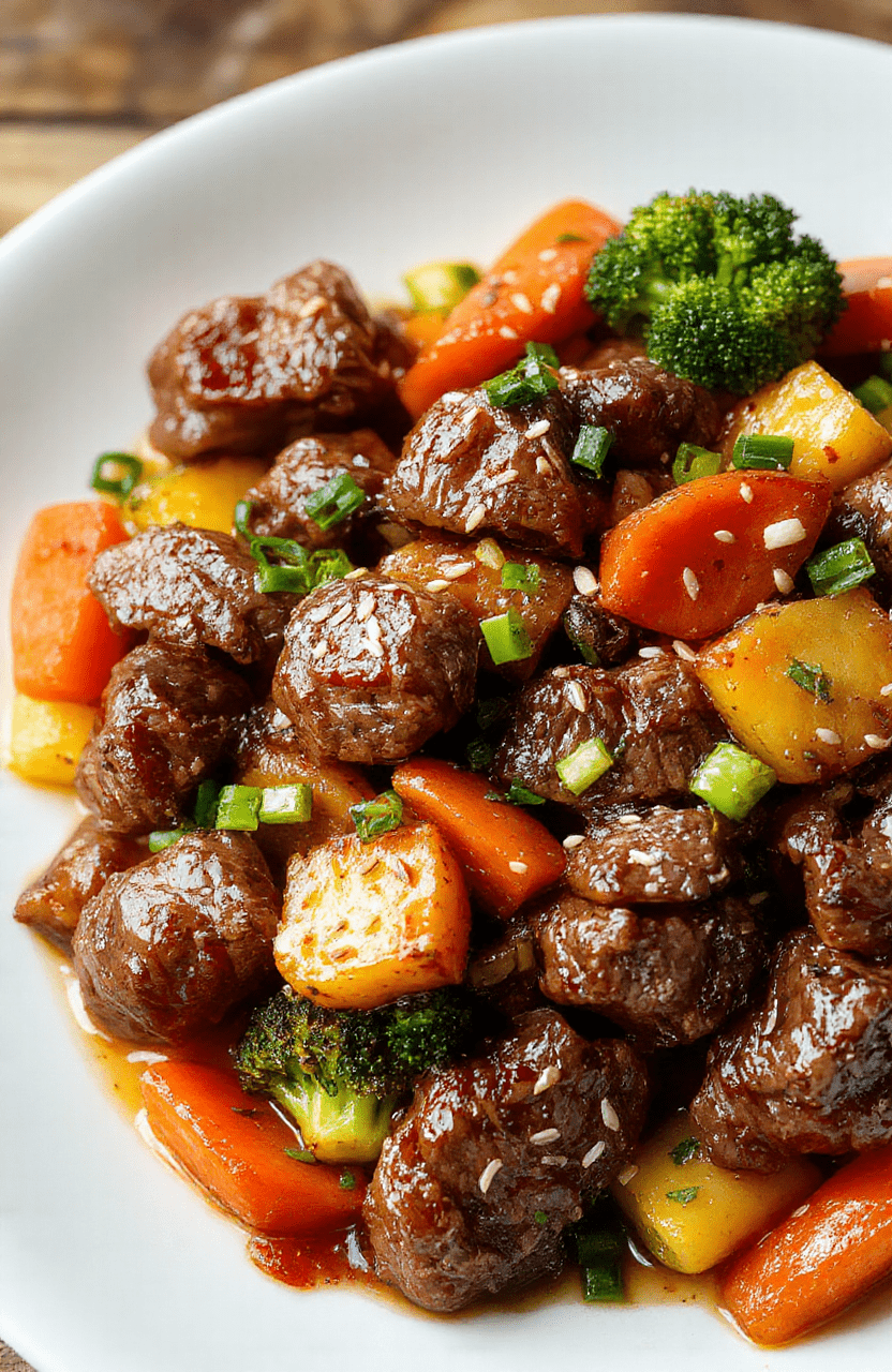 A colorful beef stir fry on a white plate with vibrant bell peppers, broccoli, and carrots, garnished with sesame seeds and scallions, all topped with a savory glossy sauce, styled simply with a clean wooden background.