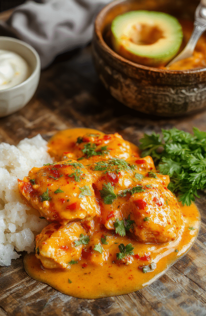A vibrant plate of homemade butter chicken served with creamy sauce, garnished with fresh cilantro, on a rustic wooden table with a side of fluffy rice.