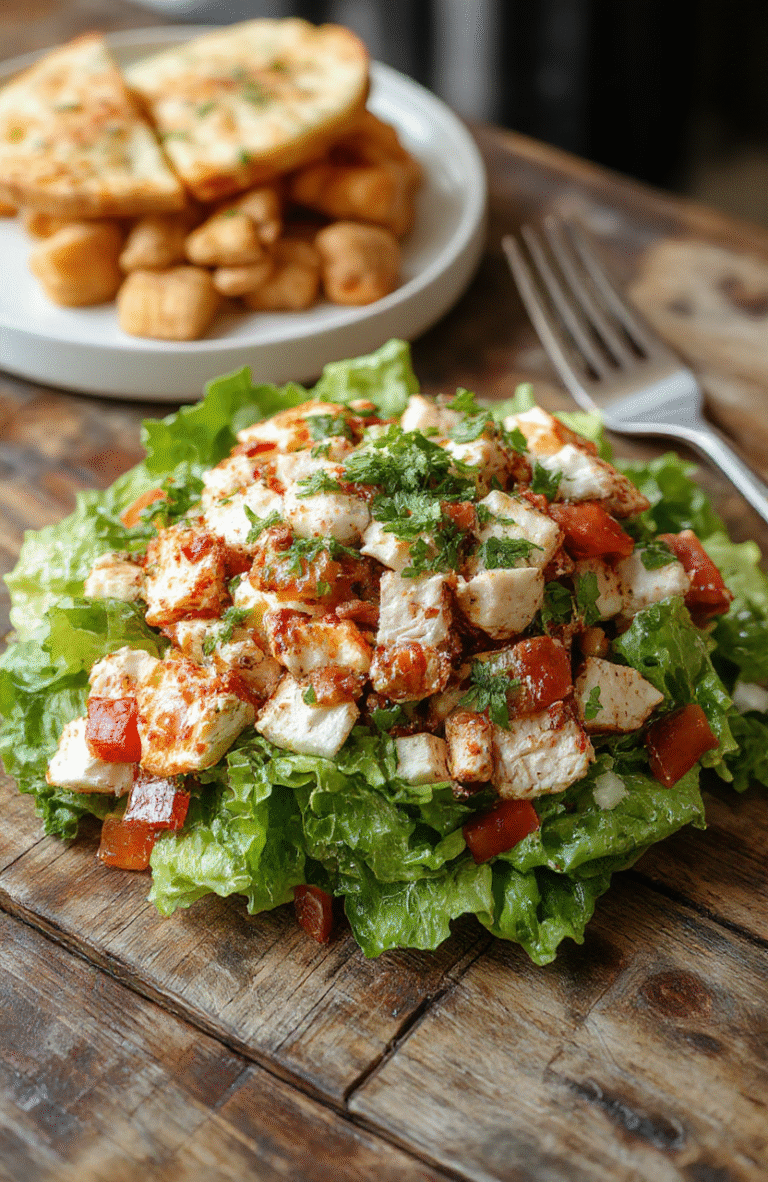 A vibrant plate featuring a colorful Southwest chicken salad with grilled chicken strips, cherry tomatoes, black beans, corn, avocado slices, and crunchy lettuce, topped with shredded cheese and a drizzle of creamy dressing. The dish is styled on a rustic wooden table with fresh ingredients surrounding it, highlighting textures and bright colors.