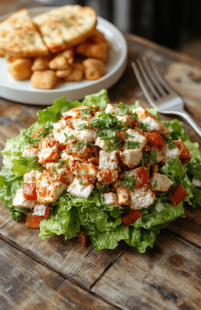 A vibrant plate featuring a colorful Southwest chicken salad with grilled chicken strips, cherry tomatoes, black beans, corn, avocado slices, and crunchy lettuce, topped with shredded cheese and a drizzle of creamy dressing. The dish is styled on a rustic wooden table with fresh ingredients surrounding it, highlighting textures and bright colors.