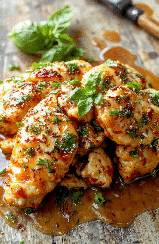 Colorful Thai basil chicken served on a white plate with fresh basil leaves, red chili slices, and caramelized onions, glazed with a savory sauce. The dish features tender chicken pieces coated in a vibrant, aromatic sauce, garnished with bright green basil leaves, creating a visually appealing and appetizing presentation.