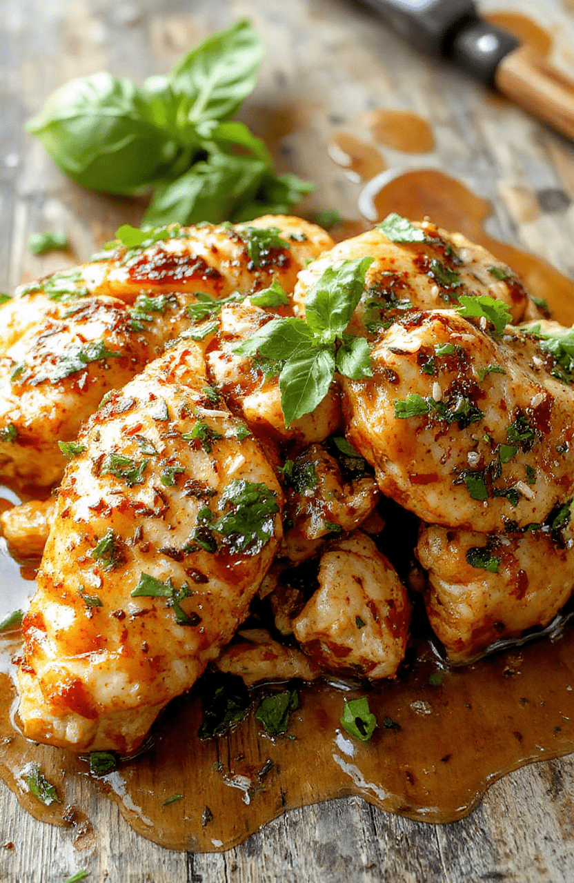 Colorful Thai basil chicken served on a white plate with fresh basil leaves, red chili slices, and caramelized onions, glazed with a savory sauce. The dish features tender chicken pieces coated in a vibrant, aromatic sauce, garnished with bright green basil leaves, creating a visually appealing and appetizing presentation.