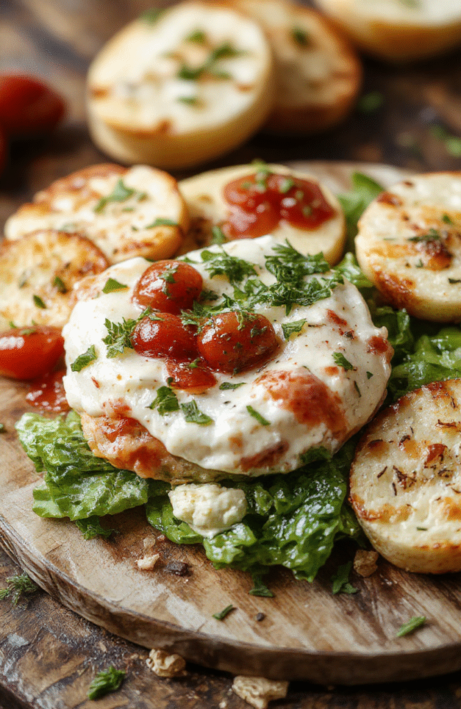 Vibrant and creamy Caprese dip served in a white ceramic bowl with fresh cherry tomatoes, basil leaves, and mozzarella balls on top, drizzled with balsamic glaze, all presented on a rustic wooden board with a sprinkle of herbs, styled simply with a fresh and inviting look.
