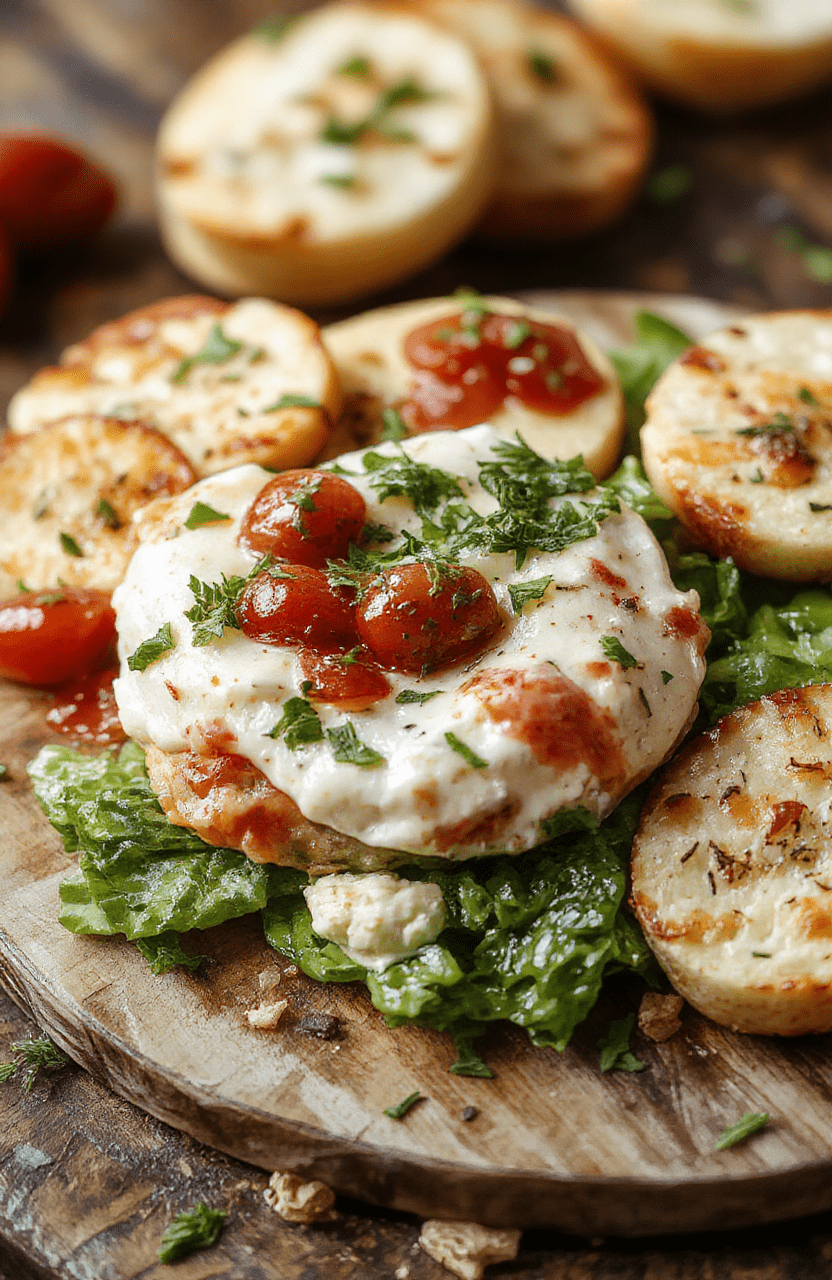 Vibrant and creamy Caprese dip served in a white ceramic bowl with fresh cherry tomatoes, basil leaves, and mozzarella balls on top, drizzled with balsamic glaze, all presented on a rustic wooden board with a sprinkle of herbs, styled simply with a fresh and inviting look.