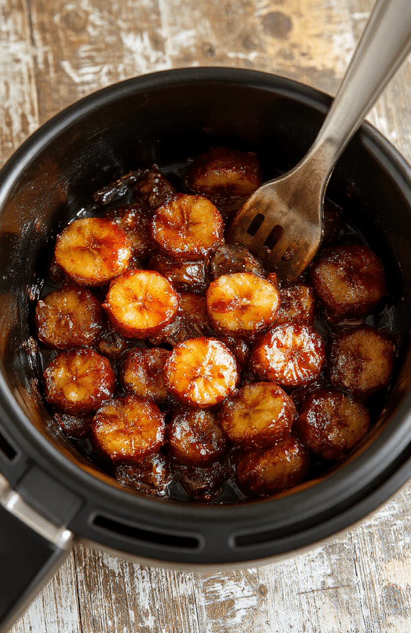 Golden caramelized banana slices arranged attractively in a sleek air fryer basket, with a glossy caramel glaze, vibrant yellow bananas contrasted with rich caramel tones, styled simply for a rustic look with a hint of cinnamon sprinkle on top.