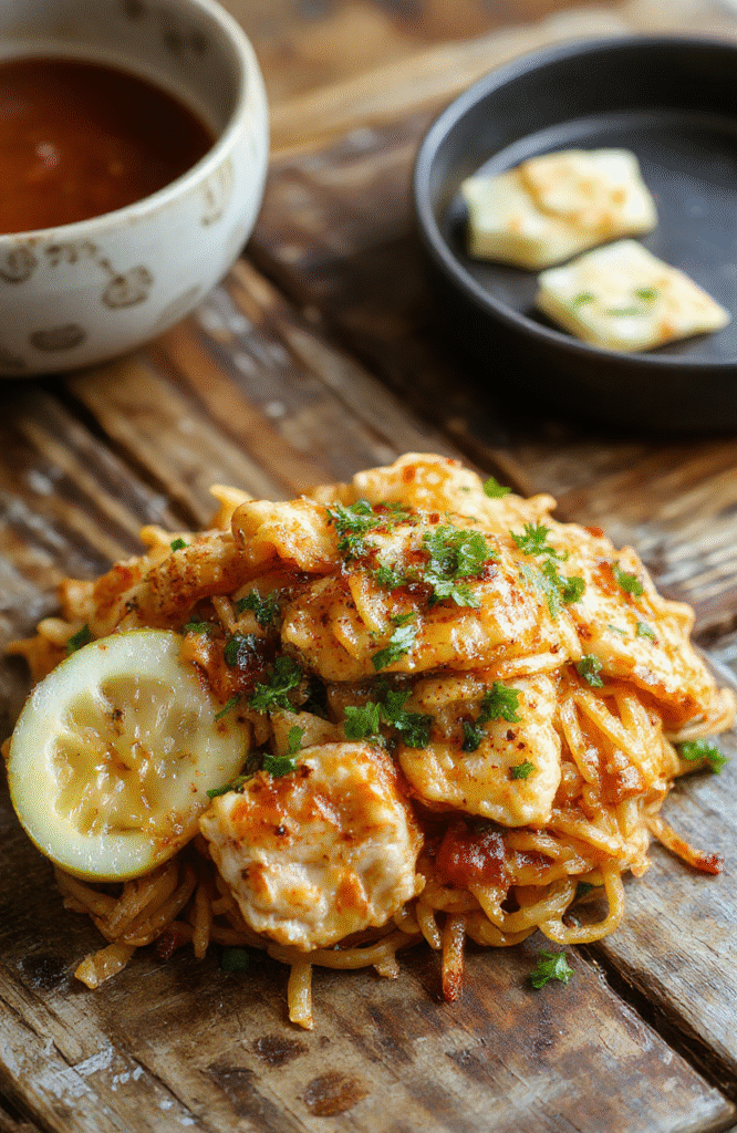 A vibrant plate of homemade chicken chow mein featuring stir-fried golden noodles, tender diced chicken, colorful vegetables like bell peppers and scallions, topped with sesame seeds, styled simply on a clean white plate with chopsticks nearby.