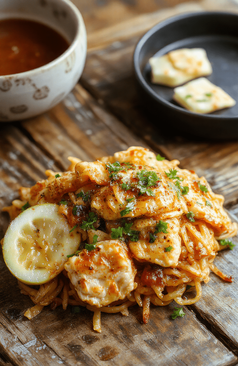 A vibrant plate of homemade chicken chow mein featuring stir-fried golden noodles, tender diced chicken, colorful vegetables like bell peppers and scallions, topped with sesame seeds, styled simply on a clean white plate with chopsticks nearby.
