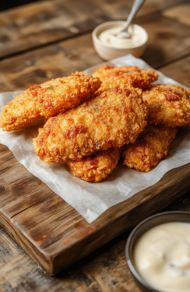 A plate of golden-brown crack chicken tenders arranged neatly on a rustic wooden table with a side of fresh green herbs and dipping sauces, showcasing crispy textures and tender meat, styled simply for a casual, appetizing look.