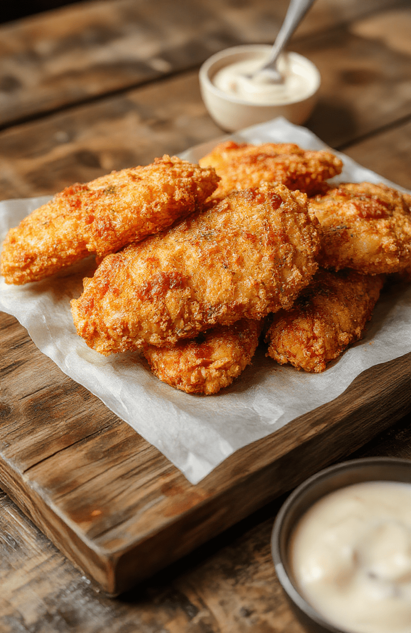 A plate of golden-brown crack chicken tenders arranged neatly on a rustic wooden table with a side of fresh green herbs and dipping sauces, showcasing crispy textures and tender meat, styled simply for a casual, appetizing look.