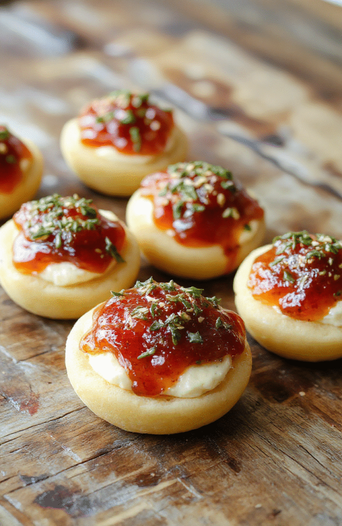 Colorful pepper jelly spread atop creamy cream cheese with a hint of glossy shine, surrounded by fresh crackers and sliced vegetables, styled simply for a vibrant, inviting party appetizer.
