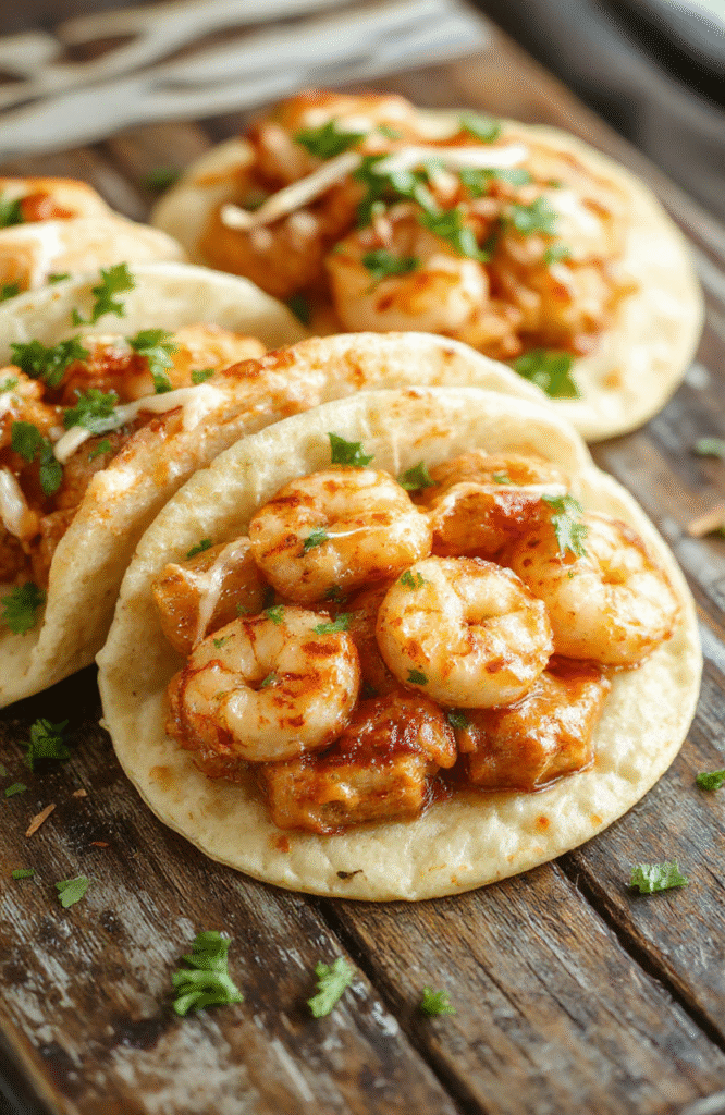 Colorful shrimp tacos arranged on a rustic plate with fresh avocado slices, shredded cabbage, and lime wedges, garnished with cilantro on a vibrant table setting with natural light.