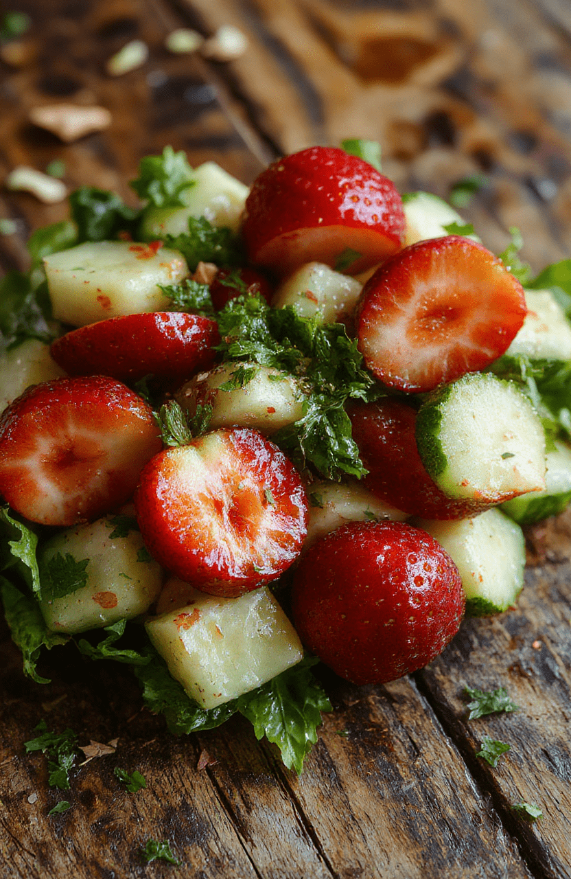 A vibrant summer salad featuring thinly sliced cucumbers and ripe strawberries arranged artistically in a clear glass bowl, garnished with fresh mint leaves, colorful and juicy ingredients with a light drizzle of honey and balsamic vinegar, styled on a rustic wooden table to emphasize freshness and seasonal appeal.
