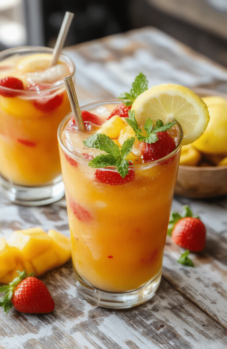 Vibrant glass of frozen mango strawberry lemonade garnished with fresh strawberries and lemon slices, showcasing a colorful blend of orange, red, and pink hues, with a frosty texture and condensation on the glass, styled with fresh fruit and a straw.