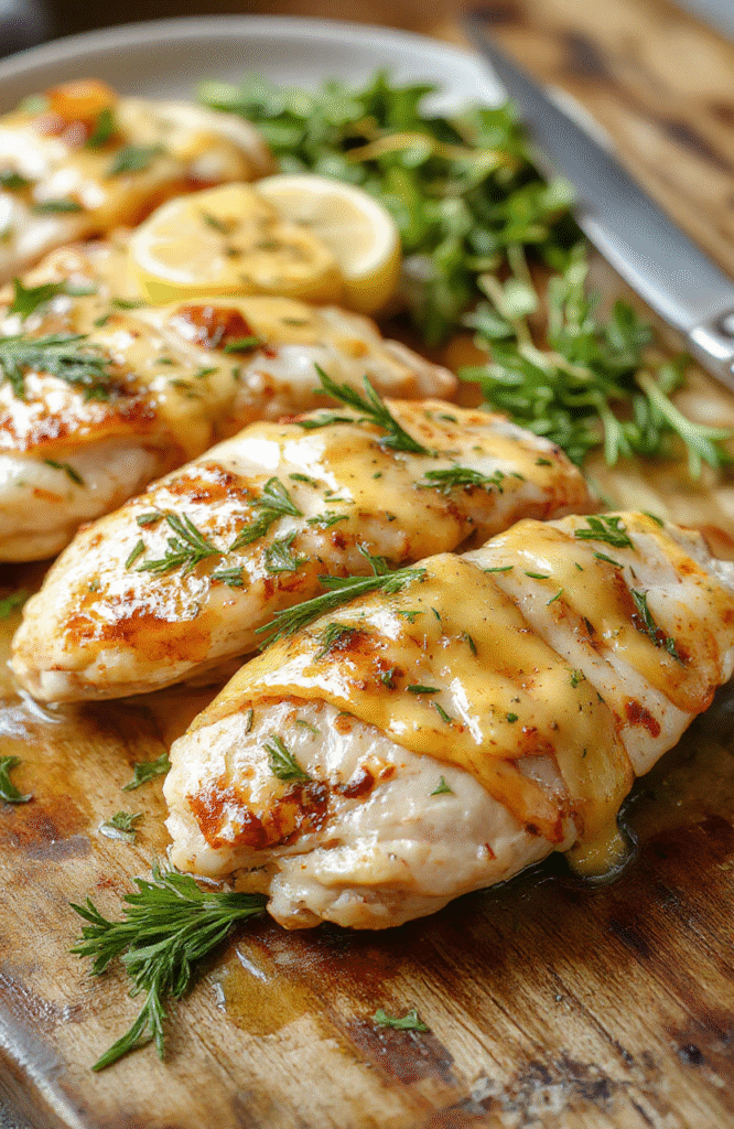 A beautifully plated rosemary chicken Dijon dish with golden-brown chicken breasts topped with fresh rosemary sprigs and a glossy Dijon sauce, garnished with roasted vegetables on a rustic wooden table, vibrant colors, appealing textures, and artistic presentation.