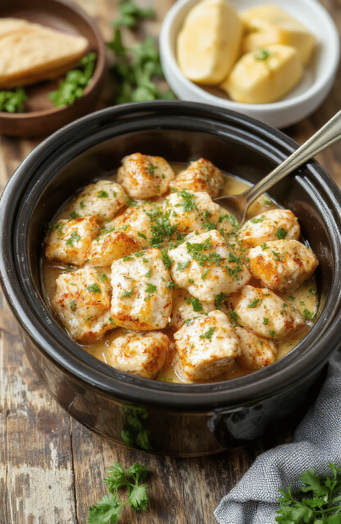 Colorful shredded cilantro lime chicken served in a white bowl, garnished with fresh cilantro and lime wedges, with a textured rustic wooden background and soft natural lighting highlighting the juicy and tender chicken.