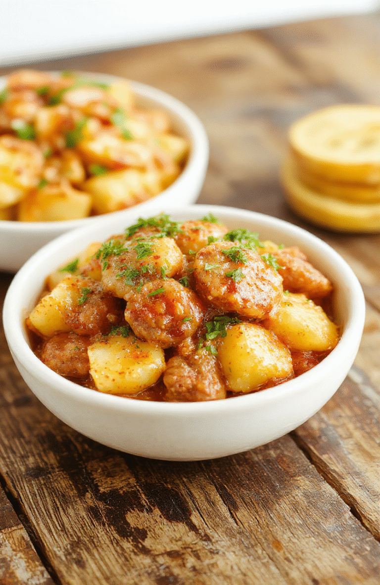 A hearty casserole dish featuring golden-brown sausages, tender potatoes, and vibrant vegetables, all layered beautifully in a rustic white bowl, garnished with fresh herbs. The dish showcases a warm, inviting color palette with crispy edges and a rich sauce glistening on top, styled simply on a wooden table with natural lighting.