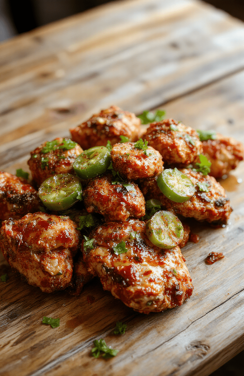 A colorful plate of Spicy Jalapeño Chicken featuring golden-brown grilled chicken strips topped with sliced vibrant green jalapeños, drizzled with a glossy spicy sauce. The dish is served on a rustic wooden table, garnished with fresh cilantro and lime wedges, showcasing textures from crispy edges to tender meat, surrounded by a side of fresh vegetables.